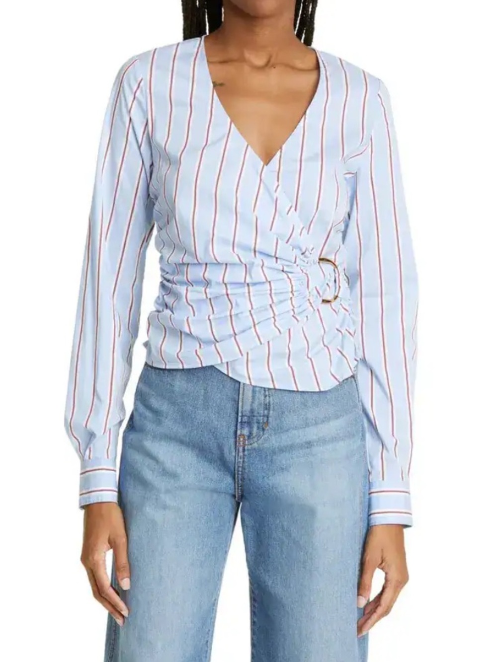 Veronica Beard Ozzie Stripe Faux Wrap Shirt - Light Blue/White